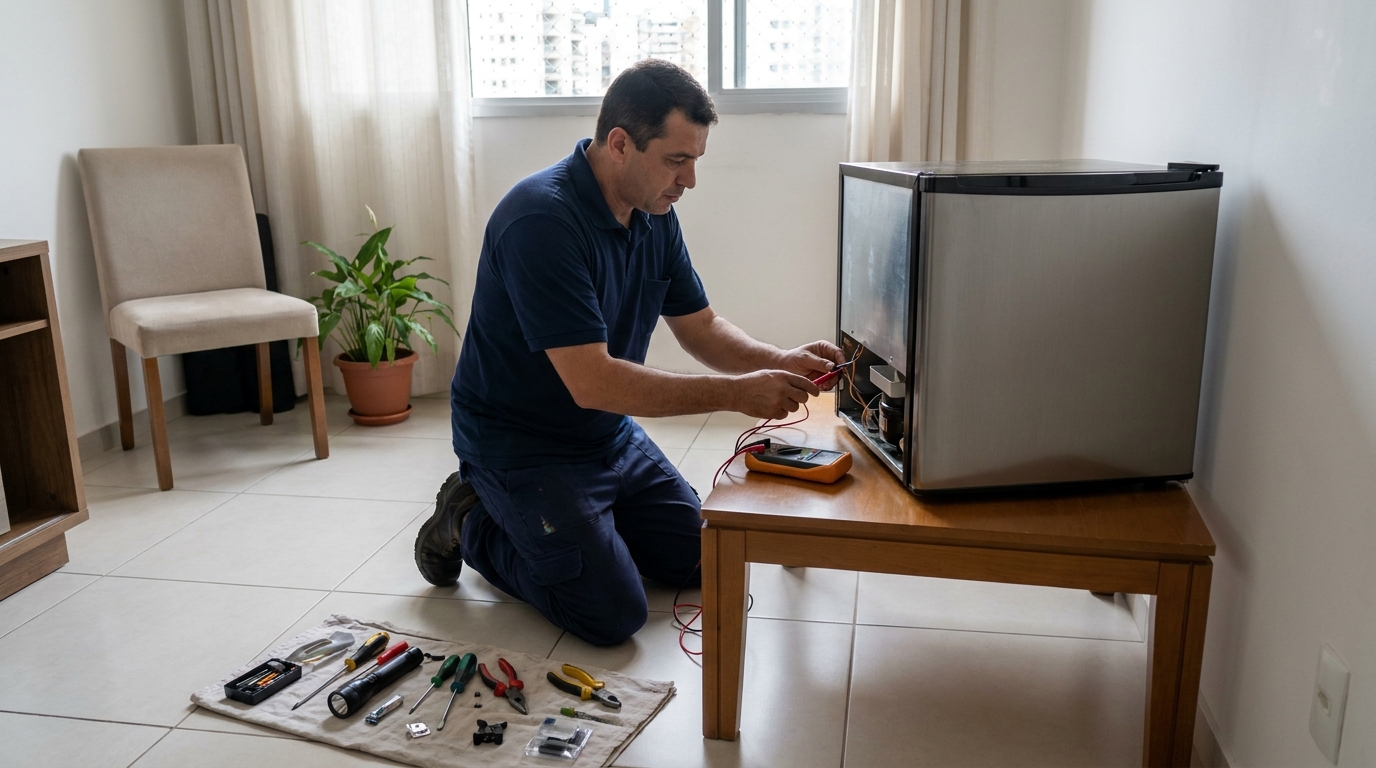 Técnico realizando manutenção de motor de frigobar em Montes Claros‑MG