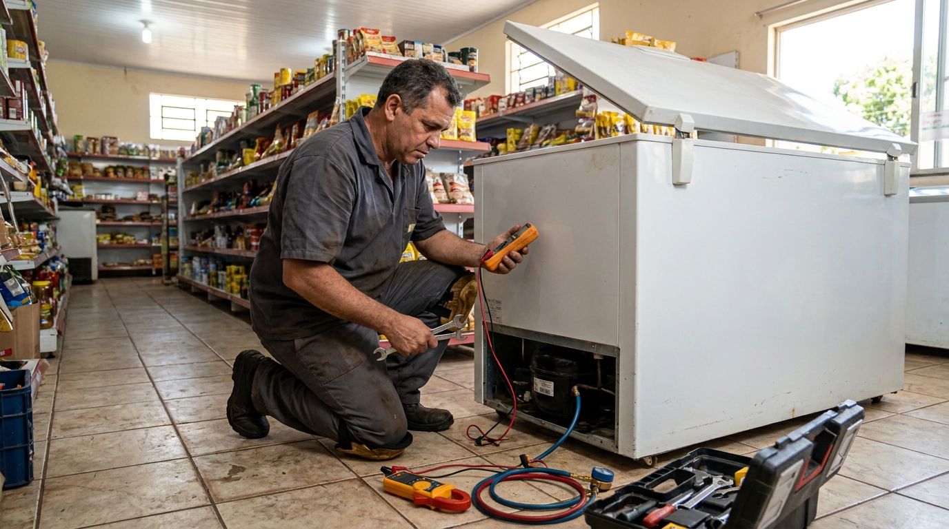Troca de termostato de freezer em atendimento técnico em Montes Claros‑MG